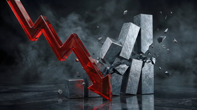 Red arrow crashing through gray financial bars. Downward trend line breaking through declining columns. Business failure and economic downturn conc...