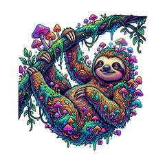 Fototapeta premium Psychedelic illustration of a smiling sloth hanging from a branch, covered in vibrant, glowing magic mushrooms, isolated on transparent background.