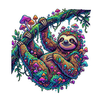 Psychedelic illustration of a smiling sloth hanging from a branch, covered in vibrant, glowing magic mushrooms, isolated on transparent background.