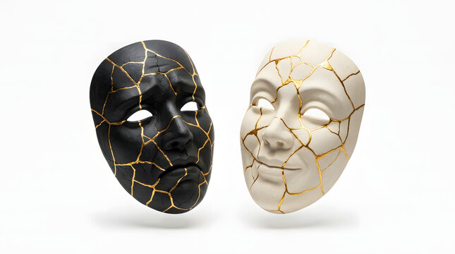 Two cracked ceramic theater masks in black and white are elegantly repaired with golden kintsugi seams, symbolizing resilience.