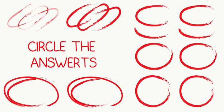 set of red hand drawn marker circles on white background circle shapes vector illustration graphic design education quiz answer sheet