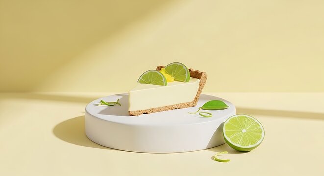 A single delicious key lime pie slice served on a modern white circular podium against a soft yellow studio background with fresh lime fruit garnish