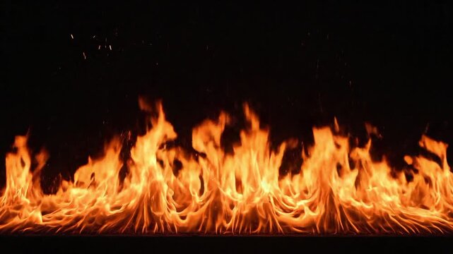Bright orange fire flames burning with flying sparks against a dark background