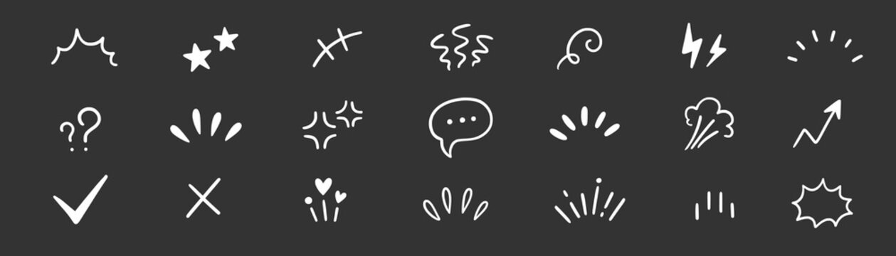 Effect comic cartoon line set. Hand drawn comic effect cartoon icon with emotion angry manga doodle. Dizzy question emoji shock lightning scribble on chalkboard. Vector illustration