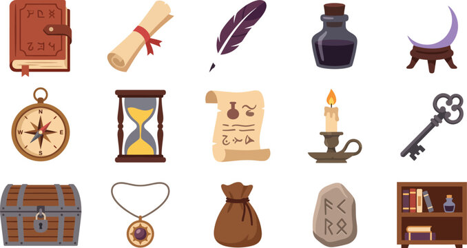 Flat vector illustration set featuring various magical fantasy items like books scrolls candles keys chests and mysterious ancient runic stones