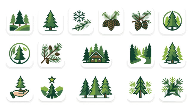Nature stickers featuring pine trees and cabins.