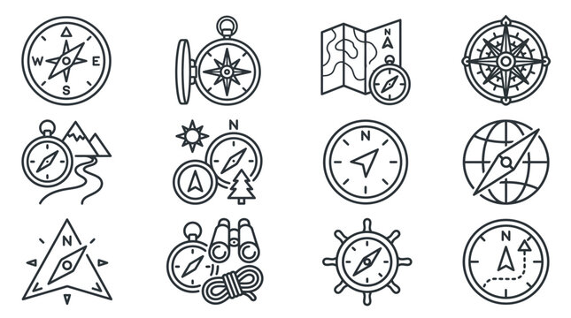Navigation compass and map linear icons collection.