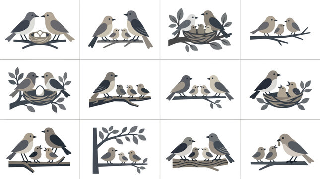 Nesting bird family silhouettes icon collection.