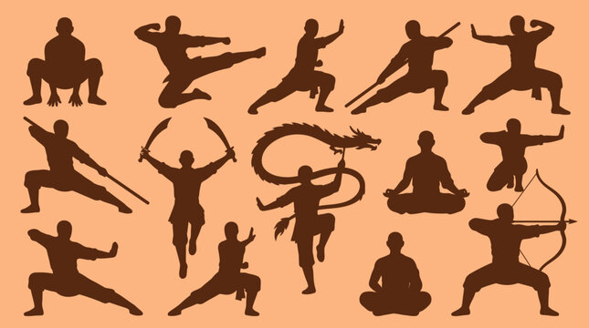 Martial Arts Warrior Silhouettes: Kung Fu Poses with Weapons and Dragon