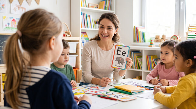 Preschool teacher teaching alphabet pronunciation with flashcards in a bright modern classroom.