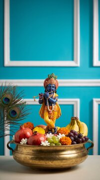 Decorative brass bowl featuring a vibrant blue figurine of a flute player surrounded by fresh tropical fruits and bright orange marigold flower petals