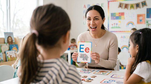 Preschool teacher teaching alphabet pronunciation with flashcards in a bright modern classroom.