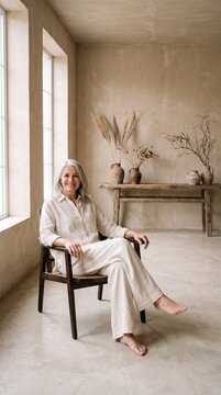 Elegant mature woman with silver hair sitting comfortably in a rustic wooden chair within a minimalist beige interior bathed in soft natural daylight
