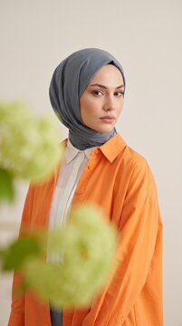 A graceful young woman wearing a soft blue hijab and a vibrant orange shirt posing elegantly against a simple neutral background in soft lighting