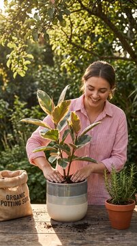 Smiling woman gently potting a variegated rubber plant in a sunlit garden setting while tending to her indoor foliage with care with woman carefully patting