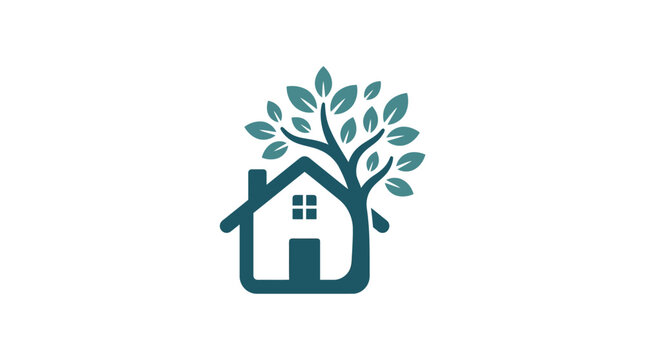 Solid silhouette house logo with integrated leafy tree branches.