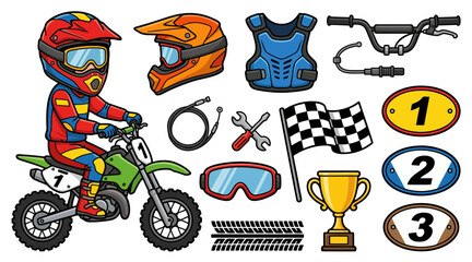 Professional vector illustration featuring a young motocross rider on a dirt bike surrounded by racing gear and sports equipment icons © Ibnu Gazali