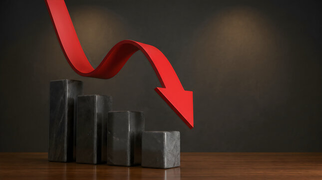 Red arrow crashes downward over gray financial bars. Declining graph trend with sharp drop in market data. Business failure or economic downturn co...