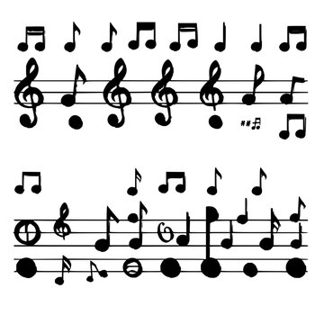 Musical notation set with two rows of black and white vector symbols against a plain white background featuring treble clefs, quarter notes, eighth notes with sharp lines and solid black fills