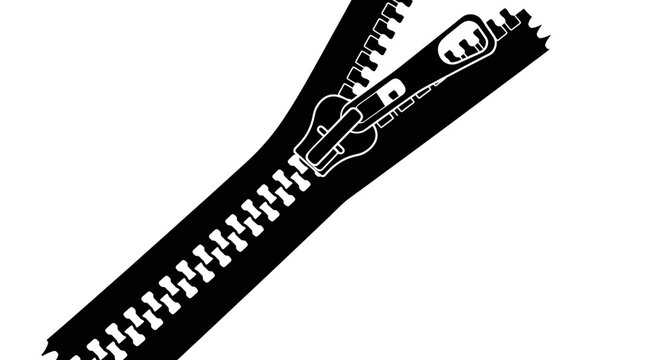 A black and white illustration of a zipper with the slider open on a white background