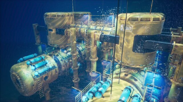 Futuristic Underwater Submarine Laboratory with Floating Particles and Bubbles