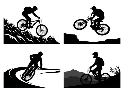 Silhouette of mountain bikers riding.