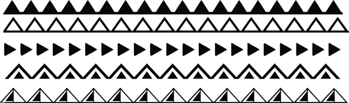 Geometric black pattern borders and chevron arrow set vector illustration. Tribal ethnic print design elements, abstract stripes, and textures for fashion and branding.