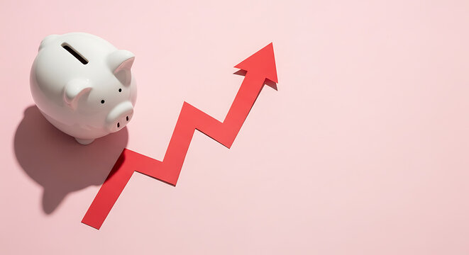 A white piggy bank sits next to a red upward-trending arrow on a pink background, symbolizing financial growth.