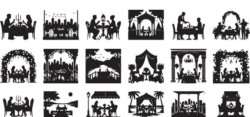 Fototapeta premium Romantic restaurant dining silhouette collection featuring couples candlelight dinner luxury outdoor terrace fine dining and wedding venue vector scenes