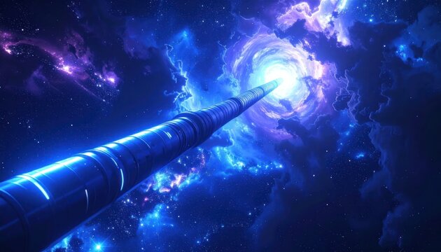 Space rocket blasting into galaxy nebula.