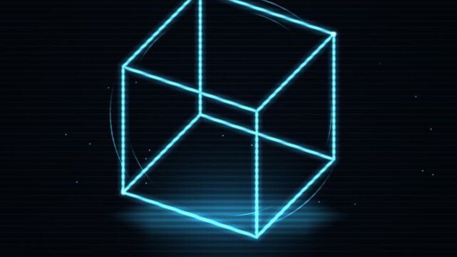 Rotating Holographic Wireframe Cube with Scanlines and HUD Futuristic Sci-Fi Seamless Loop Background