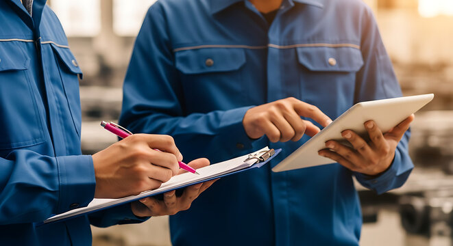 Two male workers in blue uniforms collaborating on a tablet and clipboard in an industrial setting.