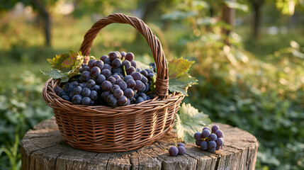Obraz premium Basket of Fresh Purple Grapes in Vineyard