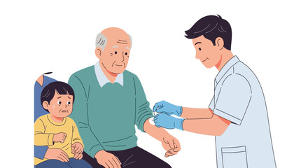 Obraz premium Nurse Administering Injection to Elderly Man, Child Watching