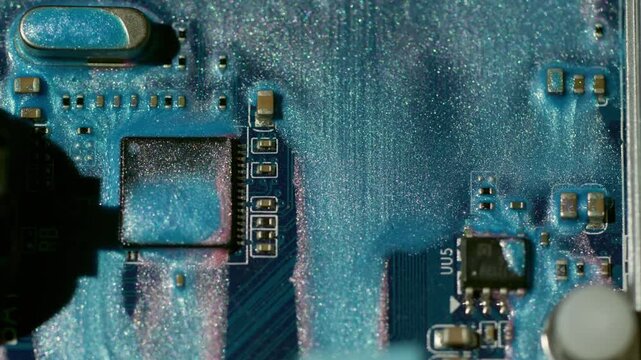 Paint drip blur. Microprocessor details. Sparkling blue ink spill on computer electronic plate. Device system abstract color background.