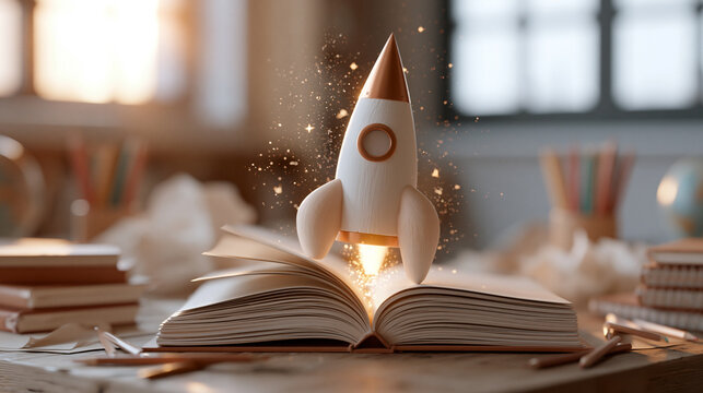 Creative Learning Idea With Rocket Rising From Book