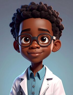 A cartoon boy with dark skin and short hair wearing glasses and a white lab coat