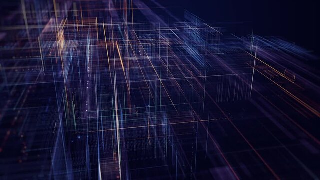 Abstract digital grid with glowing data lines and geometric structures, representing artificial intelligence, big data, cloud computing, digital infrastructure, data processing, and future technology.