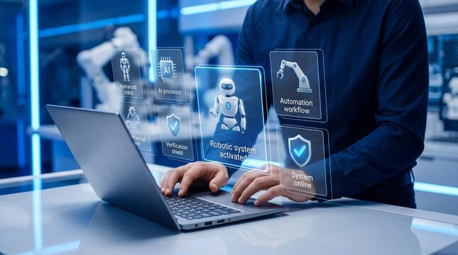 Man operating laptop with holographic robotic system interface with robot interface typing laptop intelligence