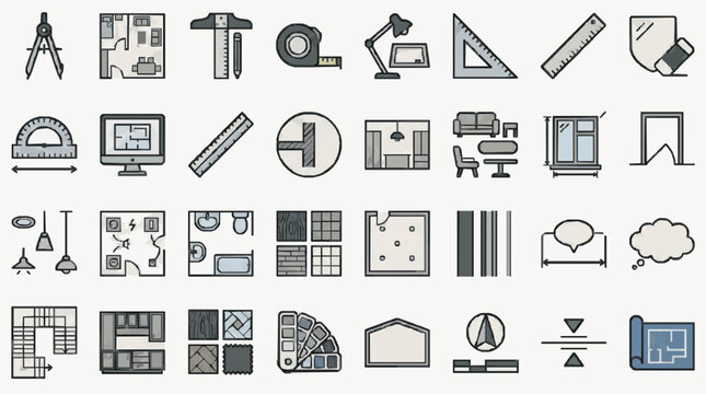 Professional Monochromatic Flat Icons Set of Architecture Design and Construction Tools and Elements in Gray and White