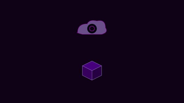 Purple cloud computing animation with rotating 3 d cube for digital technology and data storage concepts 4k