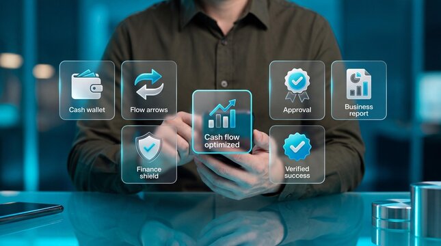 Businessman analyzing cash flow optimization and financial data on digital interface with dashboard with professional