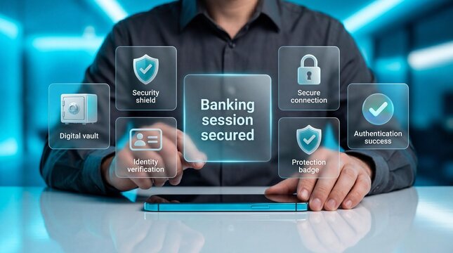 Professional user interacting with a virtual banking security interface with holographic interface with person using