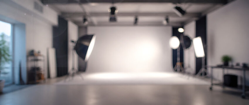 Blurred modern photography studio interior with professional lighting equipment, a spacious white cyclorama wall, and large windows, creating an abstract, minimalist creative workspace ideal for