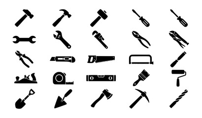 Labor Day various hand tools silhouette icon set vector collection for construction carpentry plumbing repair isolated on white background © MdHacib
