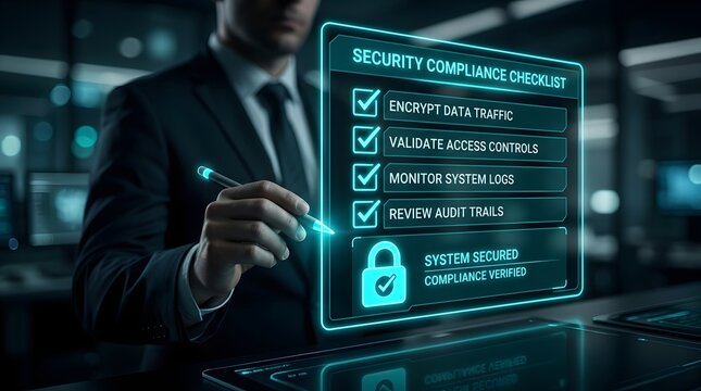 Cybersecurity compliance checklist ensuring data protection with modern technology and security protocols