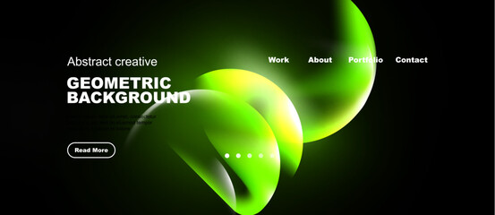 Naklejka premium Dark background features vibrant green abstract shapes. Website navigation includes work, about, portfolio, contact options. Minimalist design.