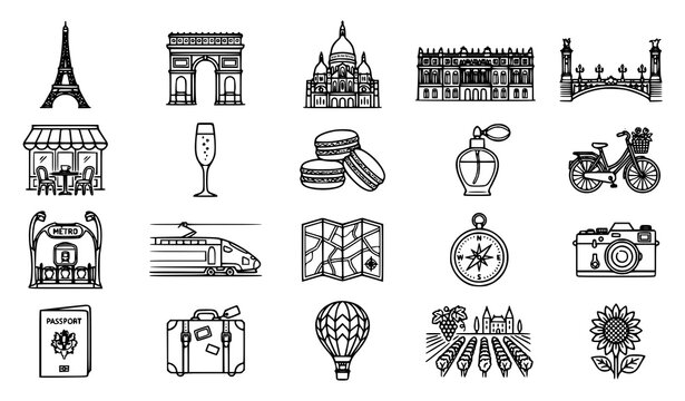 French Landmark and Travel Outline Icons Thin Line Vector Set