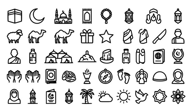 Eid al Adha and Hajj outline icons collection vector illustration with Islamic pilgrimage symbols isolated on white background