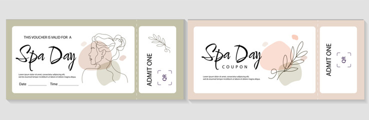 Spa voucher template set. Two horizontal elegant spa day coupons with minimalist woman line art and botanical branch drawings. Pastel vector layouts for beauty salon, wellness, or massage gift pass. © Alexey
